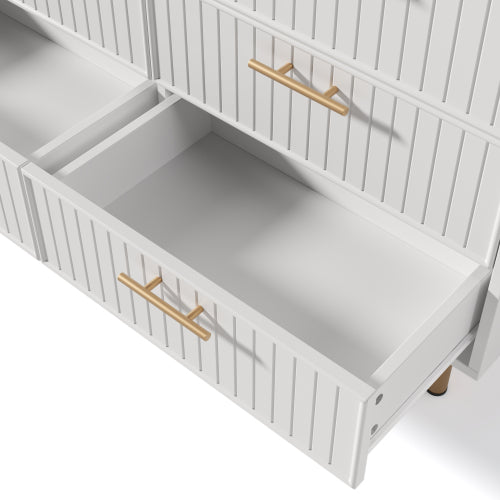 Modern White Sideboard Cabinet – 6 Drawer Chest with Gold Handles & Ribbed Design (120cm)