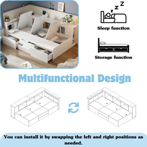 Single Bed with Storage, Drawers & Bookcase – 3FT Multifunctional Bed Frame (90 x 190 cm, White)