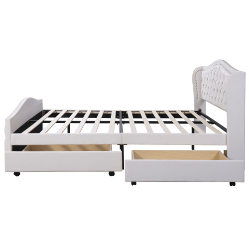 White Upholstered Double Bed with Drawers – Chesterfield Style PU Leather Bed Frame (135 x 190cm)