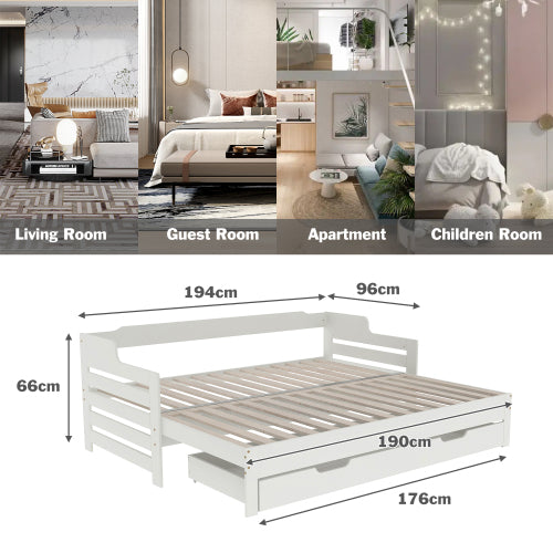 Wooden Daybed with Trundle & Storage Drawer – 3FT Single Guest Bed Sofa Bed (90 x 190 cm, White)