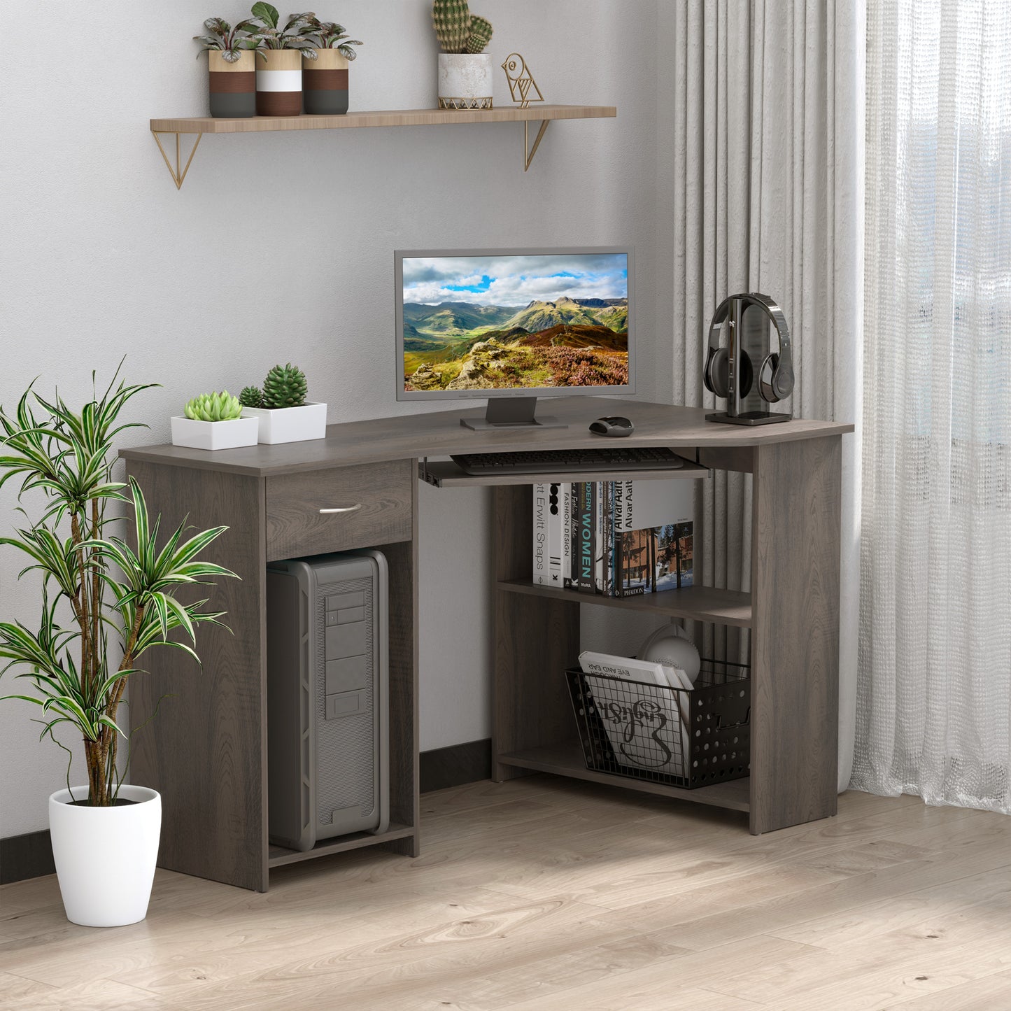 Modern Grey L-Shaped Corner Desk with Storage Shelves & Keyboard Tray (120cm)