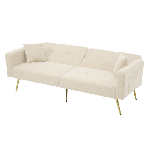 2 Seater Sherpa Sofa Bed with Adjustable Backrest & Gold Legs – Convertible Sleeper Sofa with Storage Pockets