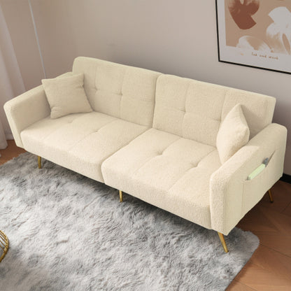 2 Seater Sherpa Sofa Bed with Adjustable Backrest &amp; Gold Legs – Convertible Sleeper Sofa with Storage Pockets
