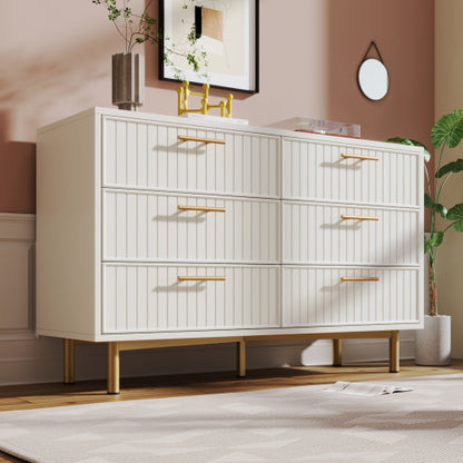 Modern White Sideboard Cabinet – 6 Drawer Chest with Gold Handles & Ribbed Design (120cm)