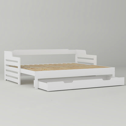 Wooden Daybed with Trundle & Storage Drawer – 3FT Single Guest Bed Sofa Bed (90 x 190 cm, White)