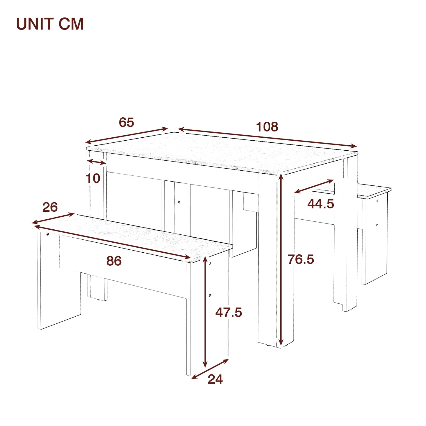 Kids Table and Bench Set – Grey & White Marble Effect Dining Table with 2 Benches