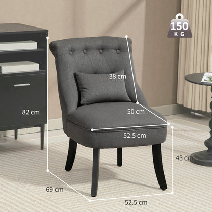 Retro Charcoal Grey Accent Chair with Wooden Legs & Button Tufting – Linen Fabric Armchair