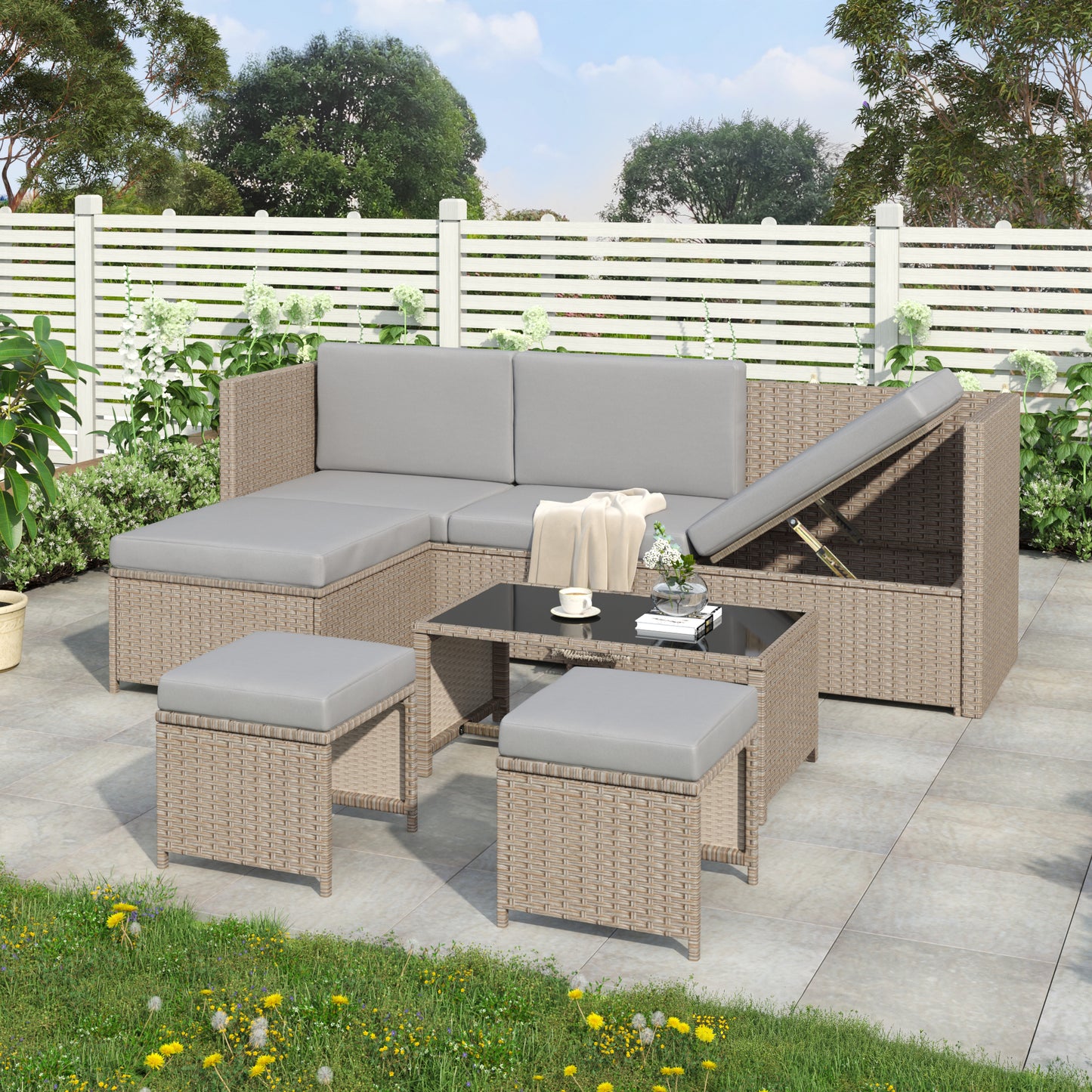 4–6 Seater Rattan Garden Lounge Set – Outdoor Patio Sofa Set with Table & Cushions (Khaki)