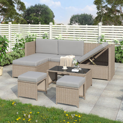 4–6 Seater Rattan Garden Lounge Set – Outdoor Patio Sofa Set with Table & Cushions (Khaki)