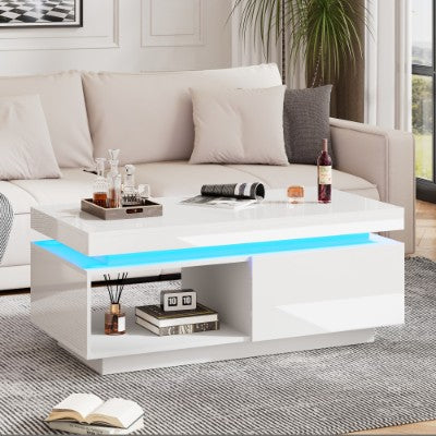 White High Gloss LED Coffee Table with Drawer & Storage Shelf – Modern Centre Table (100cm)