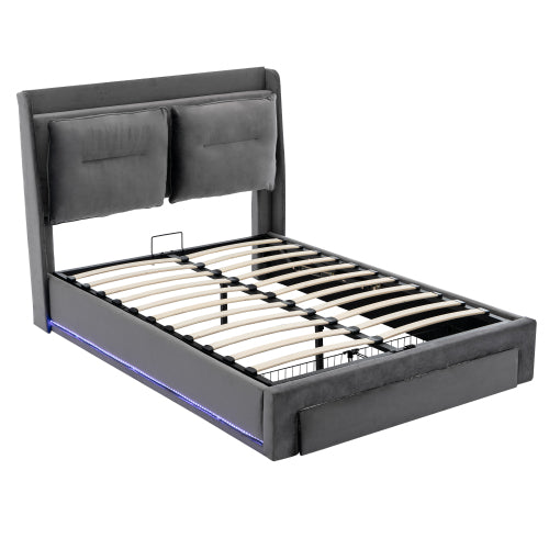 Dark Grey Velvet Upholstered Double Bed with Storage, LED Lights & Drawers – 4ft6 (135x190cm)