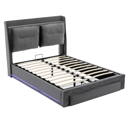 Dark Grey Velvet Upholstered Double Bed with Storage, LED Lights & Drawers – 4ft6 (135x190cm)