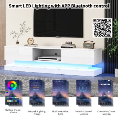 160cm White High Gloss TV Stand with LED Lights – Modern TV Unit for 70–79 Inch TVs