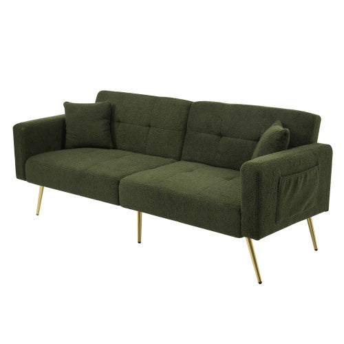 2 Seater Sherpa Sofa Bed with Adjustable Backrest &amp; Gold Legs – Convertible Sleeper Sofa with Storage Pockets