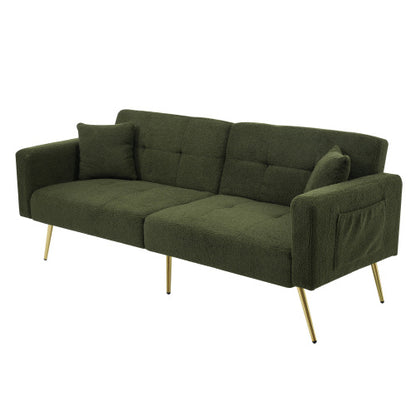 2 Seater Sherpa Sofa Bed with Adjustable Backrest &amp; Gold Legs – Convertible Sleeper Sofa with Storage Pockets