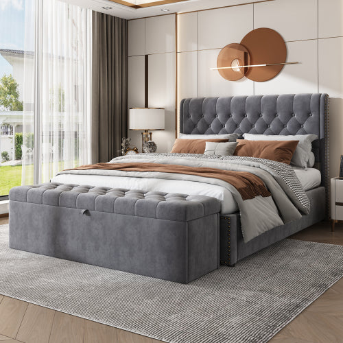 Velvet Storage Bench – Grey Upholstered Ottoman with Hidden Storage (135cm)