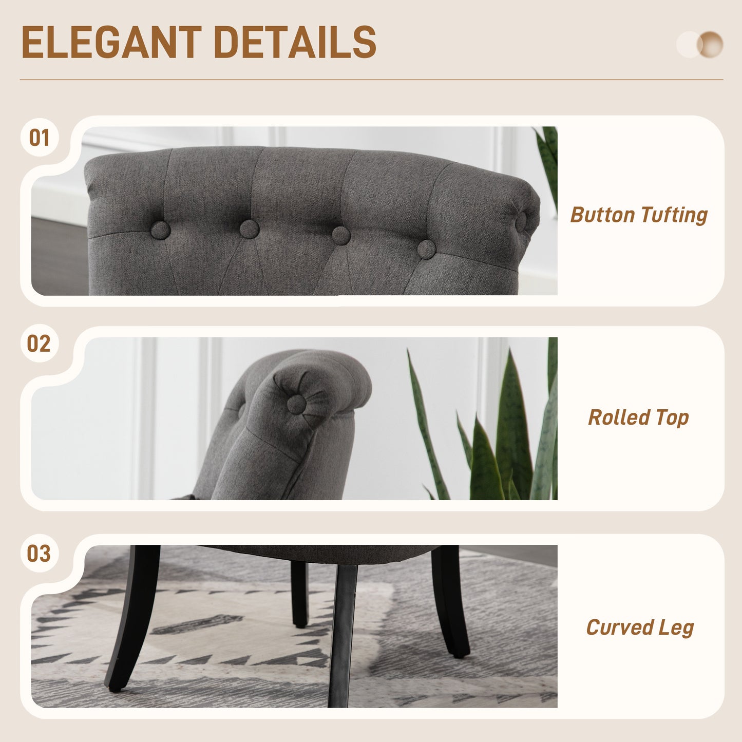 Retro Charcoal Grey Accent Chair with Wooden Legs & Button Tufting – Linen Fabric Armchair