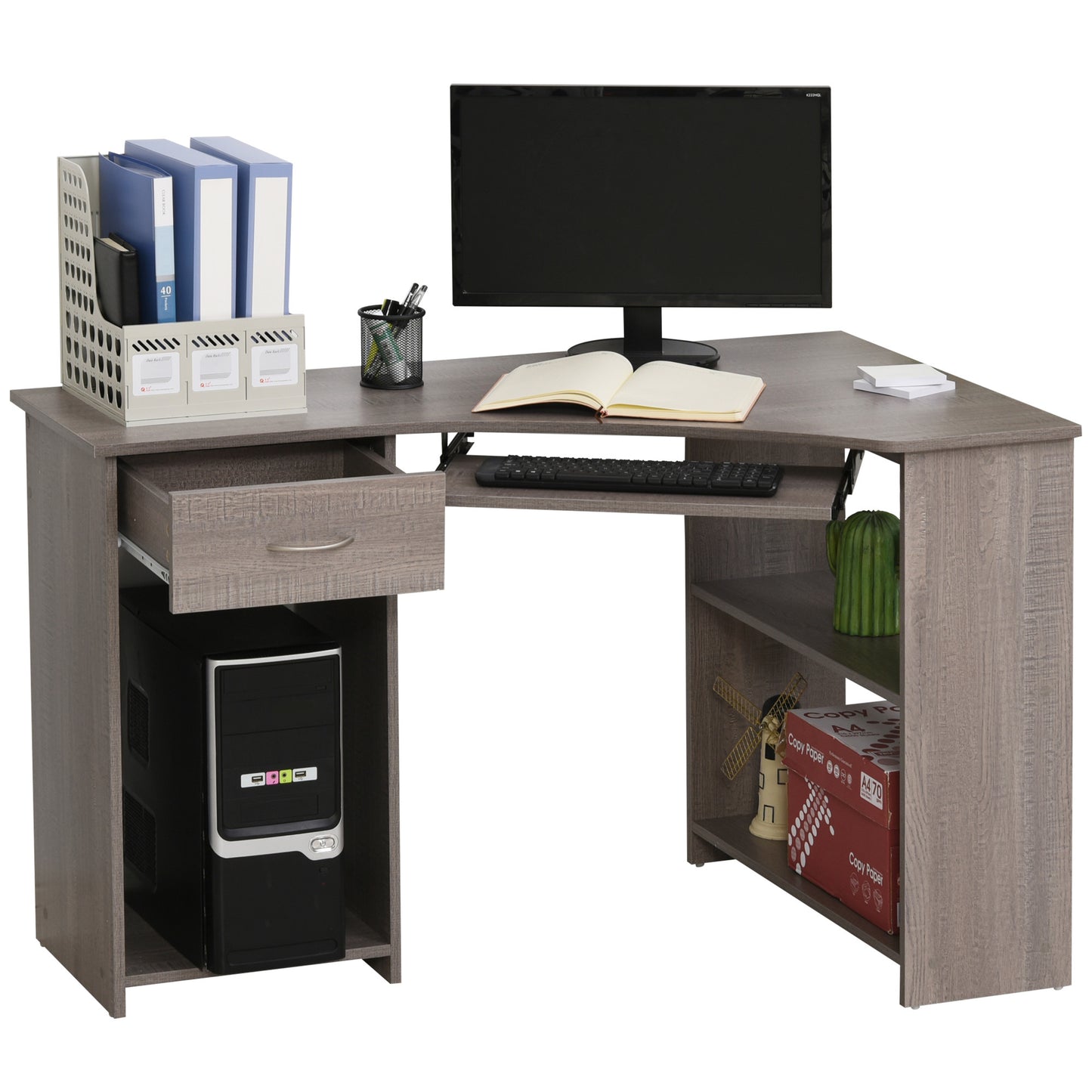 Modern Grey L-Shaped Corner Desk with Storage Shelves & Keyboard Tray (120cm)