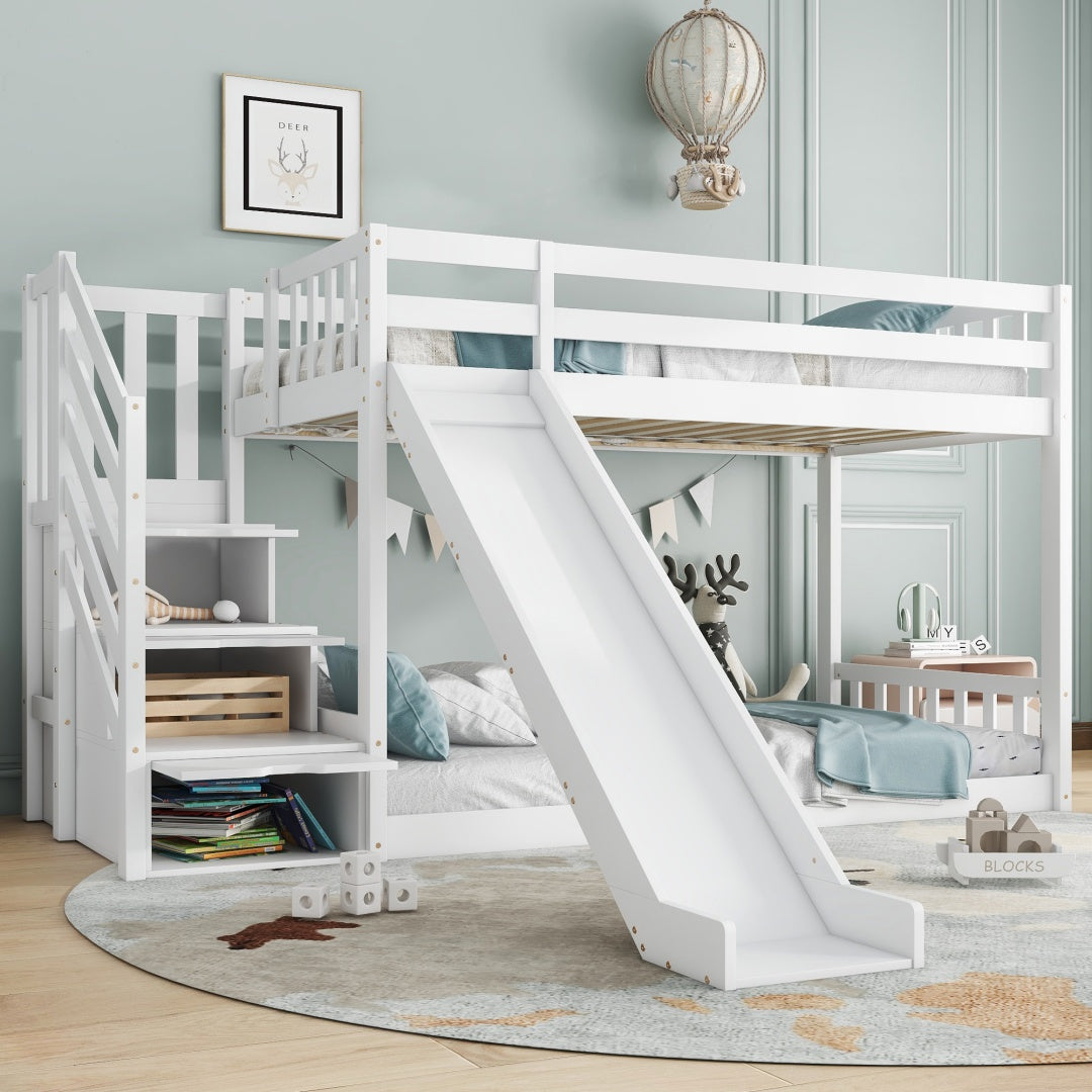 White Wooden Bunk Bed with Storage Stairs & Slide – 90 x 190cm Children’s Bed Frame