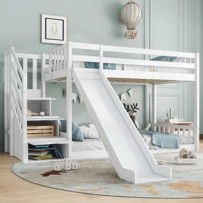 White Wooden Bunk Bed with Storage Stairs & Slide – 90 x 190cm Children’s Bed Frame