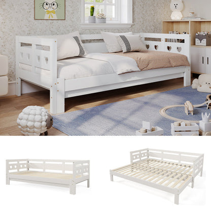 White Heart-Detail Wooden Daybed with Trundle – 3ft Single Sofa Bed (90x190cm)