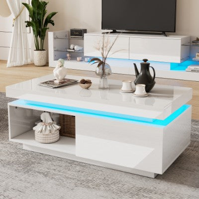 White High Gloss LED Coffee Table with Drawer & Storage Shelf – Modern Centre Table (100cm)