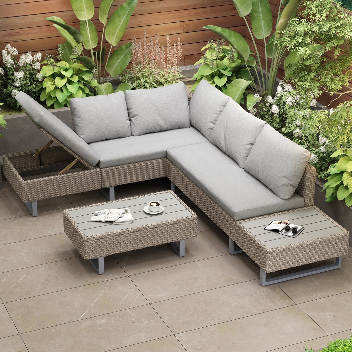 Mixed Khaki Rattan Corner Sofa Set with Coffee Table – Modular Garden Furniture Set with Adjustable Recliner