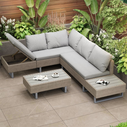 Mixed Khaki Rattan Corner Sofa Set with Coffee Table – Modular Garden Furniture Set with Adjustable Recliner