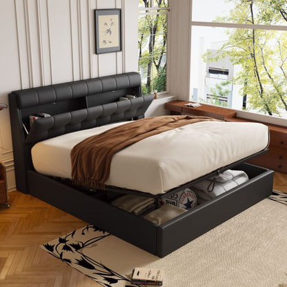 Double Upholstered Ottoman Bed 135 x 190 cm – Hydraulic Storage Bed with Hidden Headboard Storage (Black/Cream White)