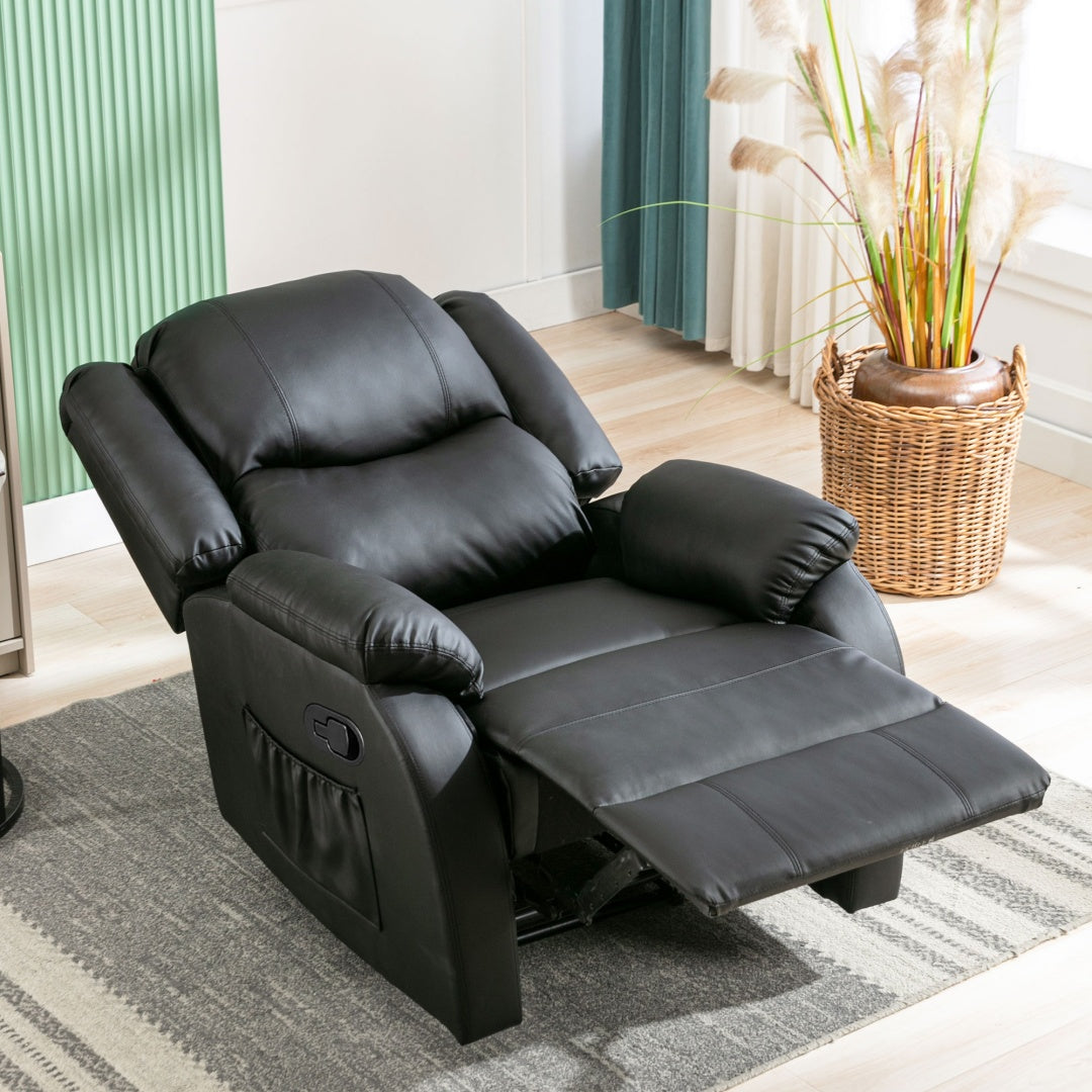 Black PU Leather Recliner Chair – Adjustable Armchair with Footrest & Side Pocket