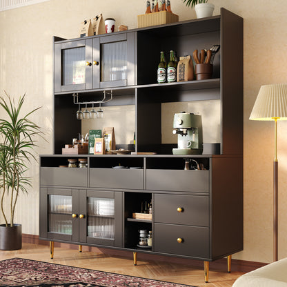Modern Black Storage Cabinet with Glass Doors & Wine Rack – Large Sideboard Unit (145cm)
