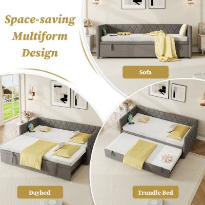 Upholstered Daybed with Trundle & Charging Station – 3ft Single Sofa Bed with USB & Type-C