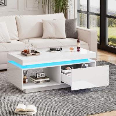 White High Gloss LED Coffee Table with Drawer & Storage Shelf – Modern Centre Table (100cm)