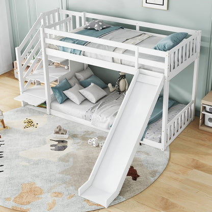 White Wooden Bunk Bed with Storage Stairs & Slide – 90 x 190cm Children’s Bed Frame