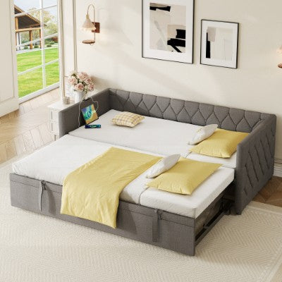 Upholstered Daybed with Trundle & Charging Station – 3ft Single Sofa Bed with USB & Type-C