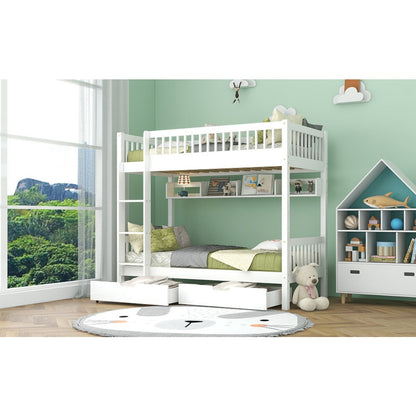 White Wooden Bunk Bed with Storage Drawer & Shelf – 3FT Single Solid Pine Frame (90x190cm)