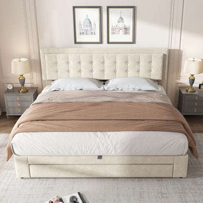 King Size Upholstered Bed 150 x 200 cm – Grey PU Bed with LED Lights, USB Charging & Storage