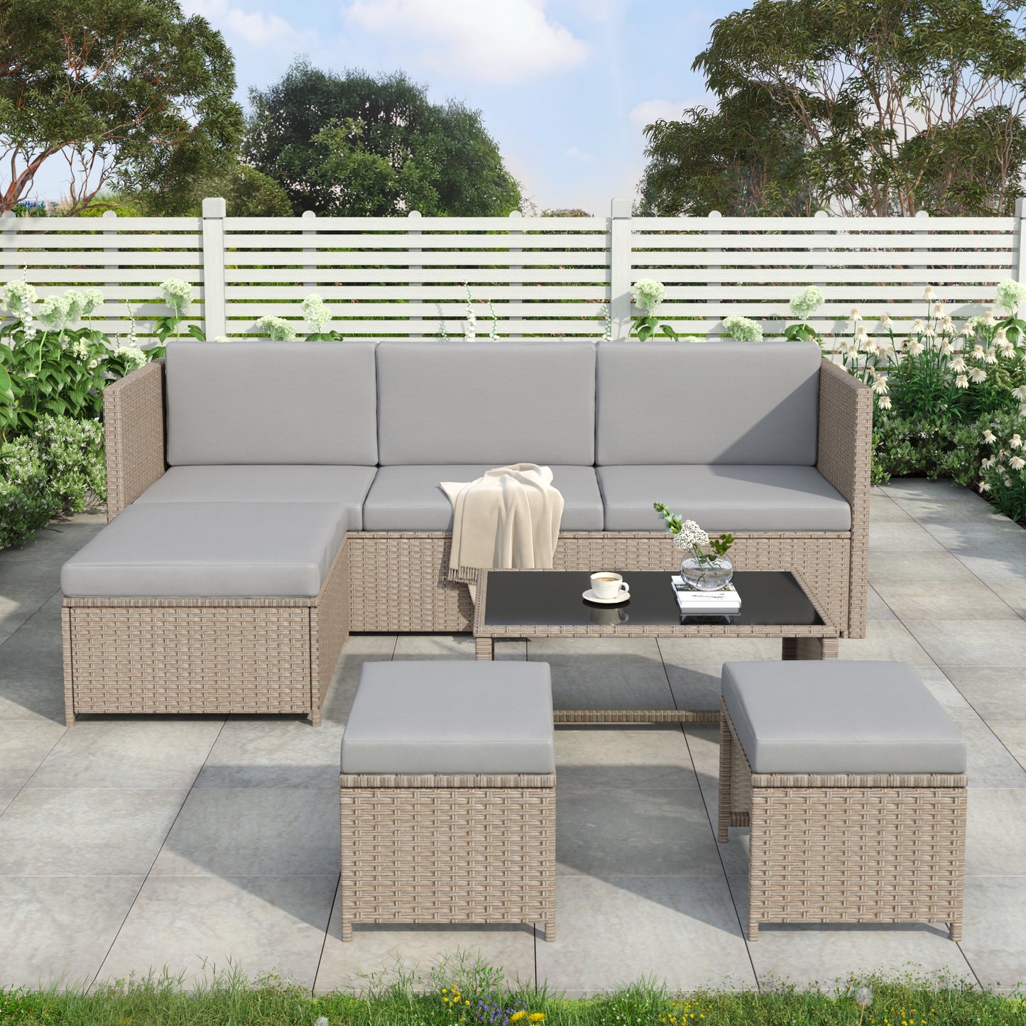 4–6 Seater Rattan Garden Lounge Set – Outdoor Patio Sofa Set with Table & Cushions (Khaki)