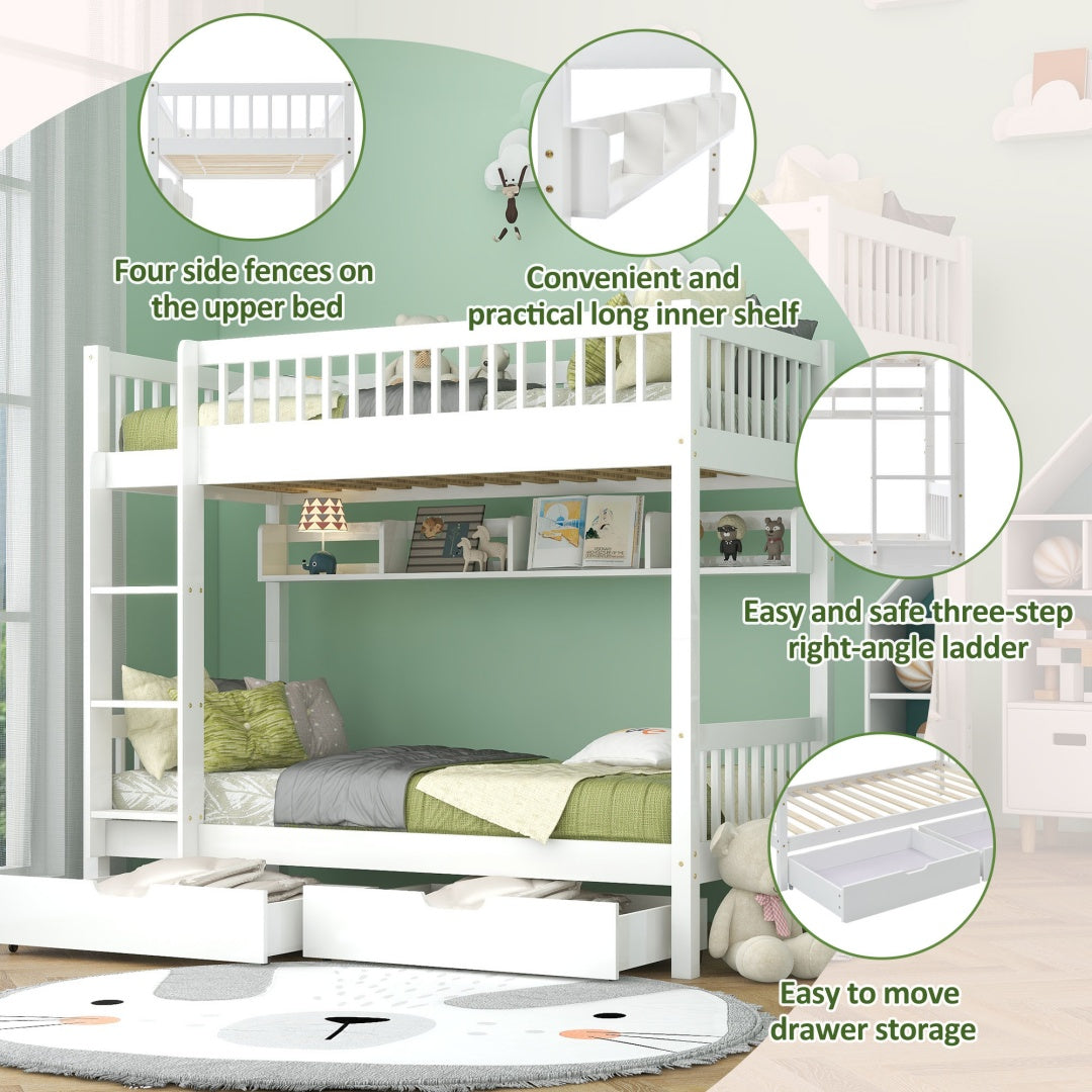 White Wooden Bunk Bed with Storage Drawer & Shelf – 3FT Single Solid Pine Frame (90x190cm)
