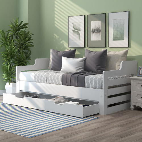 Wooden Daybed with Trundle & Storage Drawer – 3FT Single Guest Bed Sofa Bed (90 x 190 cm, White)
