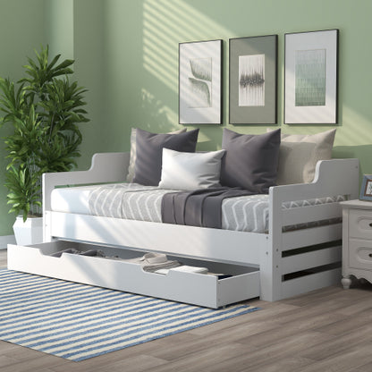 Wooden Daybed with Trundle & Storage Drawer – 3FT Single Guest Bed Sofa Bed (90 x 190 cm, White)