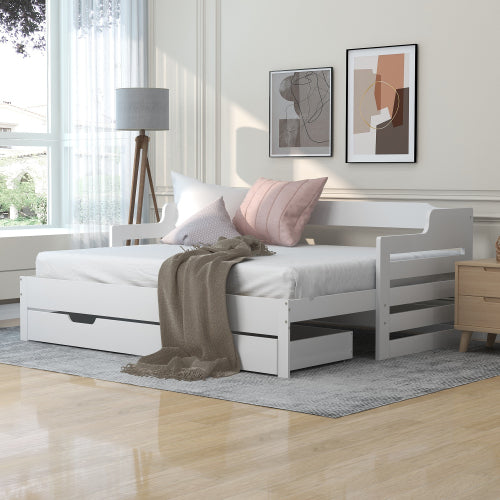 Wooden Daybed with Trundle & Storage Drawer – 3FT Single Guest Bed Sofa Bed (90 x 190 cm, White)