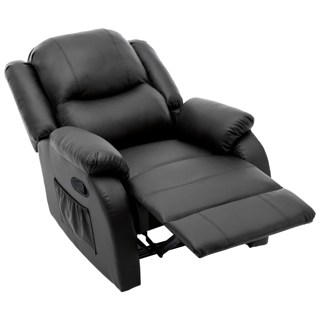 Black PU Leather Recliner Chair – Adjustable Armchair with Footrest & Side Pocket