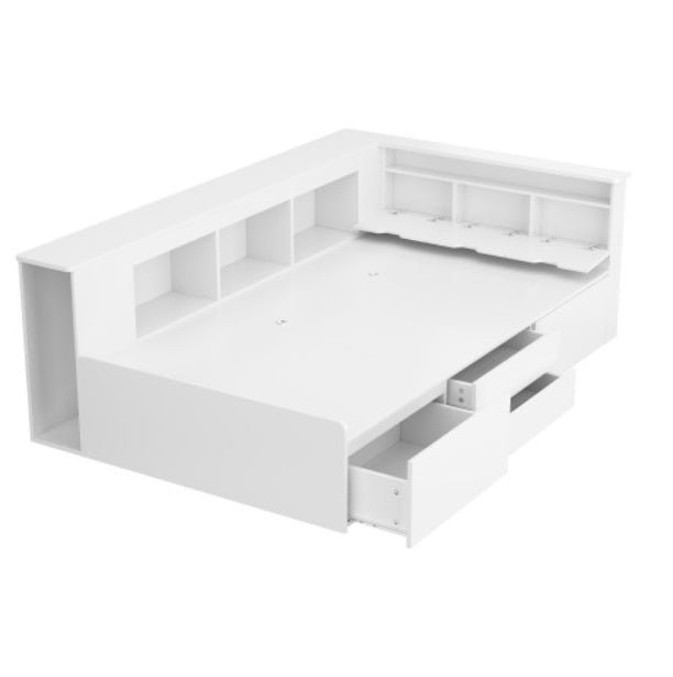 Single Bed with Storage, Drawers & Bookcase – 3FT Multifunctional Bed Frame (90 x 190 cm, White)