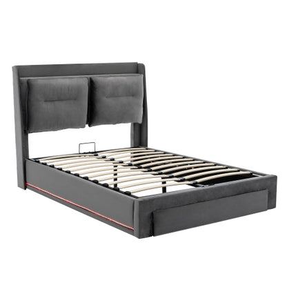 Dark Grey Velvet Upholstered Double Bed with Storage, LED Lights & Drawers – 4ft6 (135x190cm)