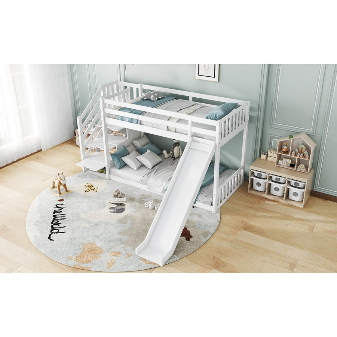 White Wooden Bunk Bed with Storage Stairs & Slide – 90 x 190cm Children’s Bed Frame