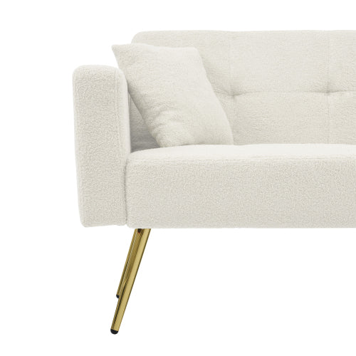 2 Seater Sherpa Sofa Bed with Adjustable Backrest &amp; Gold Legs – Convertible Sleeper Sofa with Storage Pockets