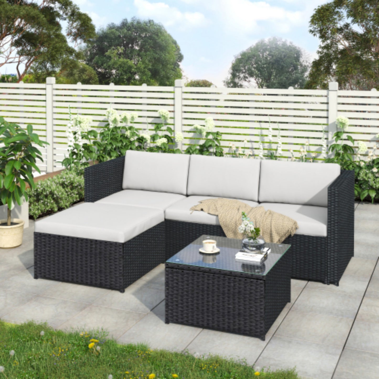 Black Rattan Corner Sofa Set 3pc