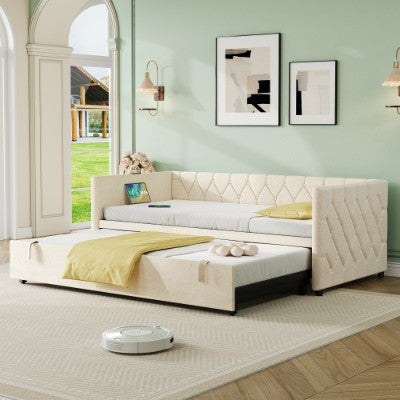Upholstered Daybed with Trundle & Charging Station – 3ft Single Sofa Bed with USB & Type-C