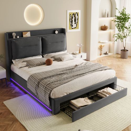 Dark Grey Velvet Upholstered Double Bed with Storage, LED Lights & Drawers – 4ft6 (135x190cm)